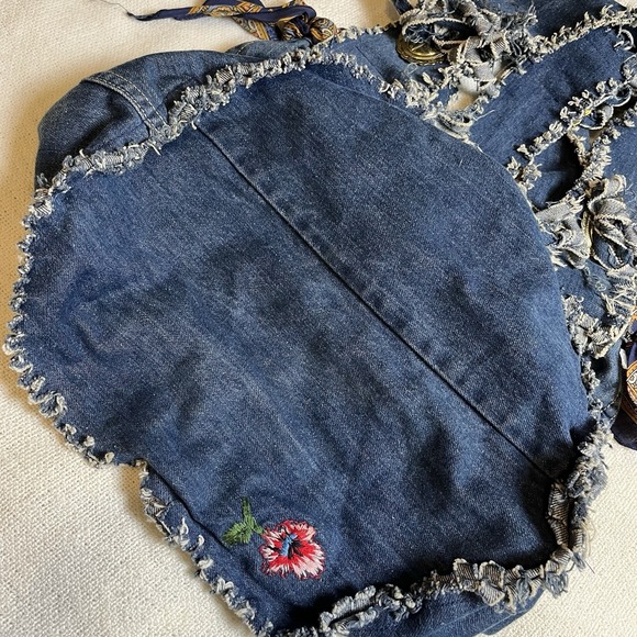 Vintage Upcycled Denim Tote Bag Oscar de la Renta Logo Boho Hobo Style